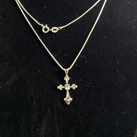 Aquamarine and Sterling Silver Cross Necklace Box Chain 30 in Long - Picture 2 of 4
